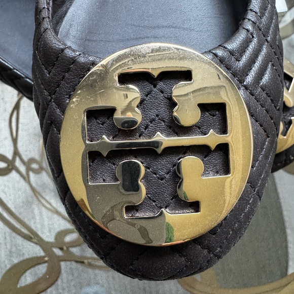 Tory Burch Black Quilted Flats with Gold Logo - Picture 2 of 6